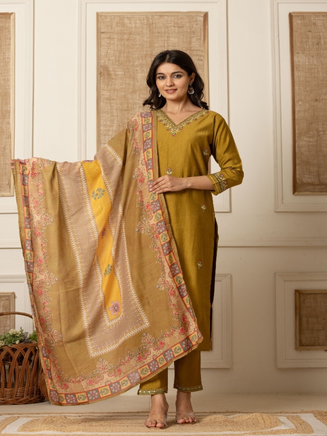 

FLAMBOYANT Ethnic Motifs Embroidered Gotta Patti Straight Kurta With Trouser & Dupatta, Yellow