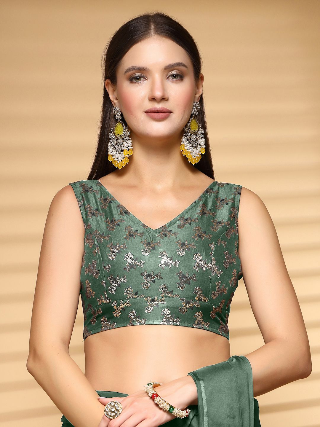 

Oomph! Women Non Padded V Neck Saree Blouse, Green