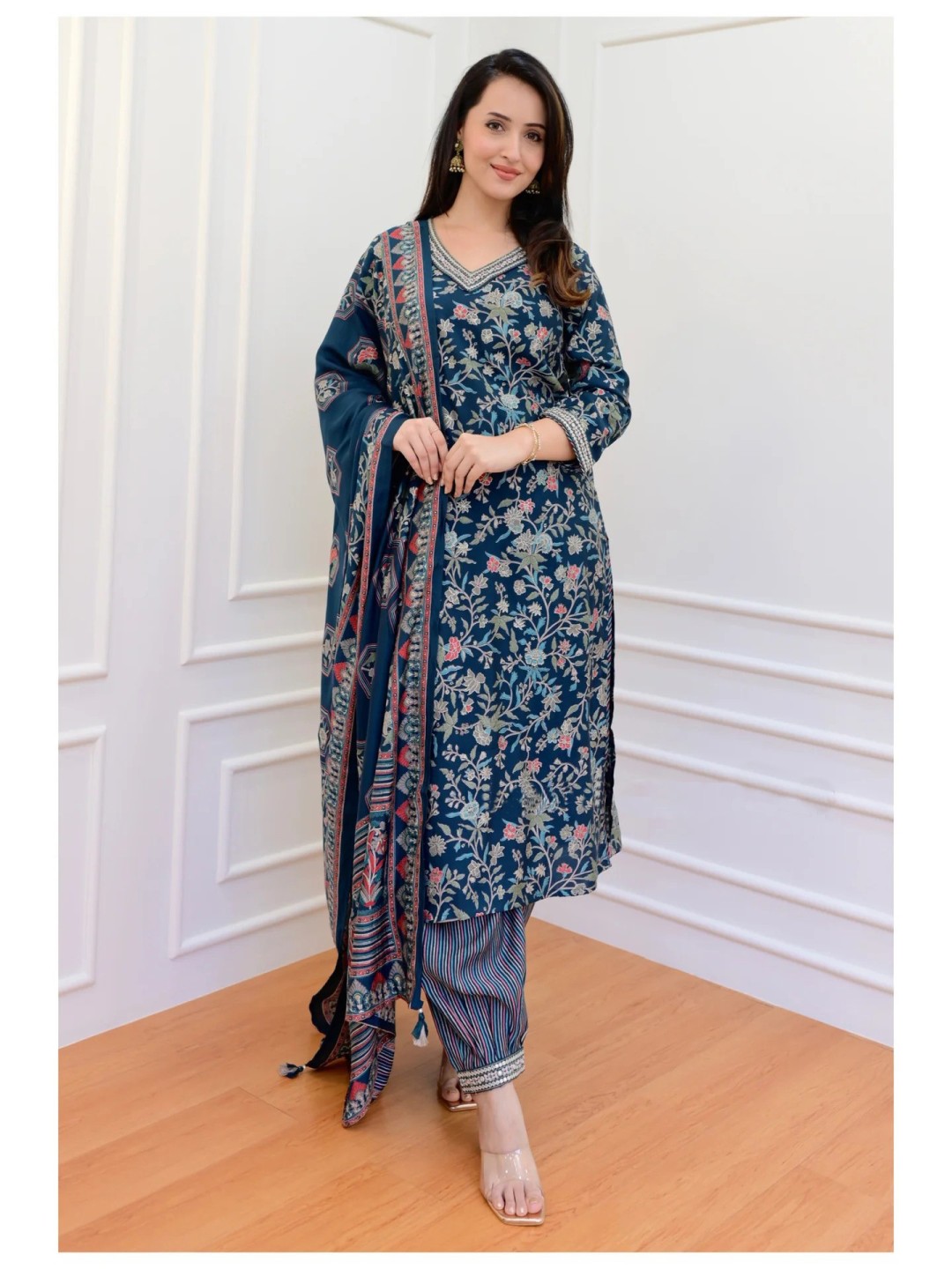 

KALINI Floral Printed Straight Kurta with Trousers & Dupatta, Navy blue