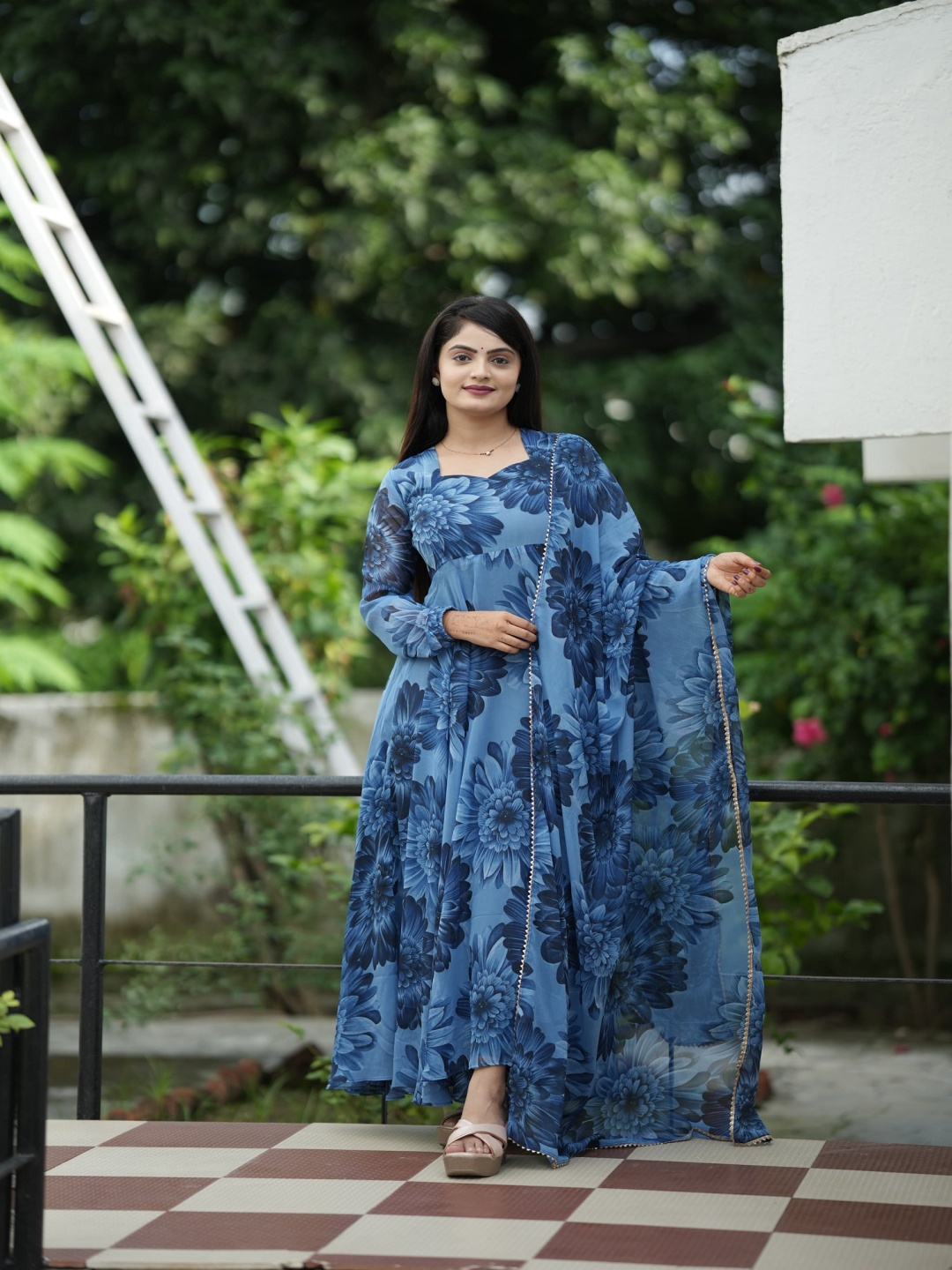 

Aika Print Georgette Fit & Flare Maxi Dress, Navy blue