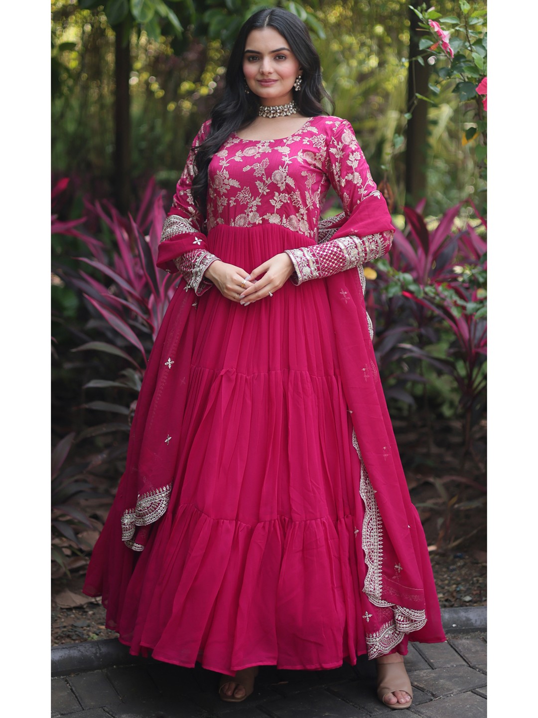 

KALINI Floral Embroidered Round Neck Georgette Maxi Gown With Dupatta, Pink