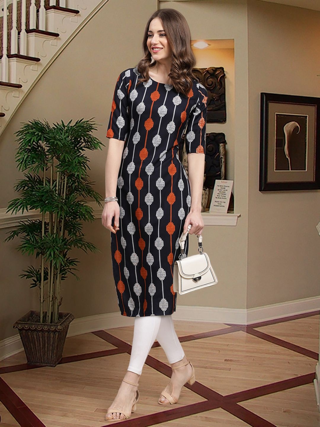 

7Threads Geometric Printed Round Neck Straight Kurta, Black