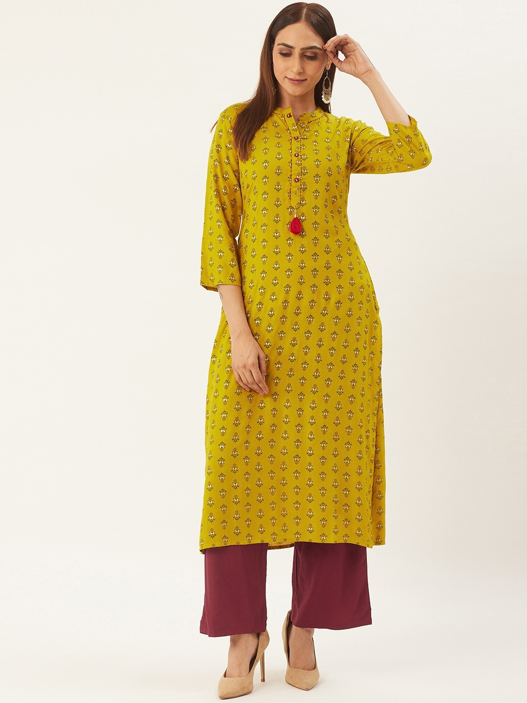 

Anouk Yellow & Maroon Ethnic Motifs Printed Mandarin Collar Straight Kurta with Palazzos