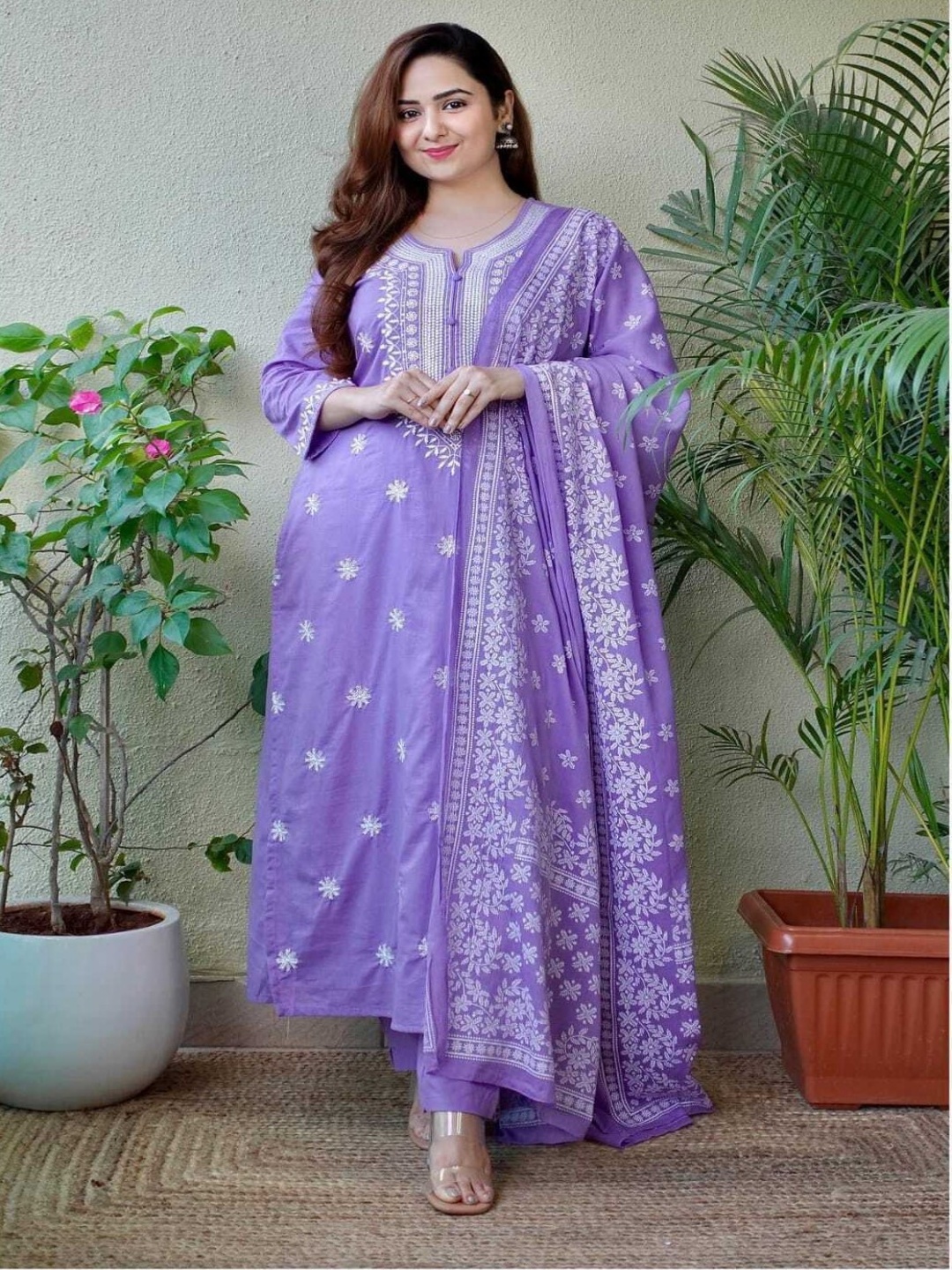 

Anouk Lavender Floral Embroidered Round Neck Pure Cotton Kurta & Trouser With Dupatta