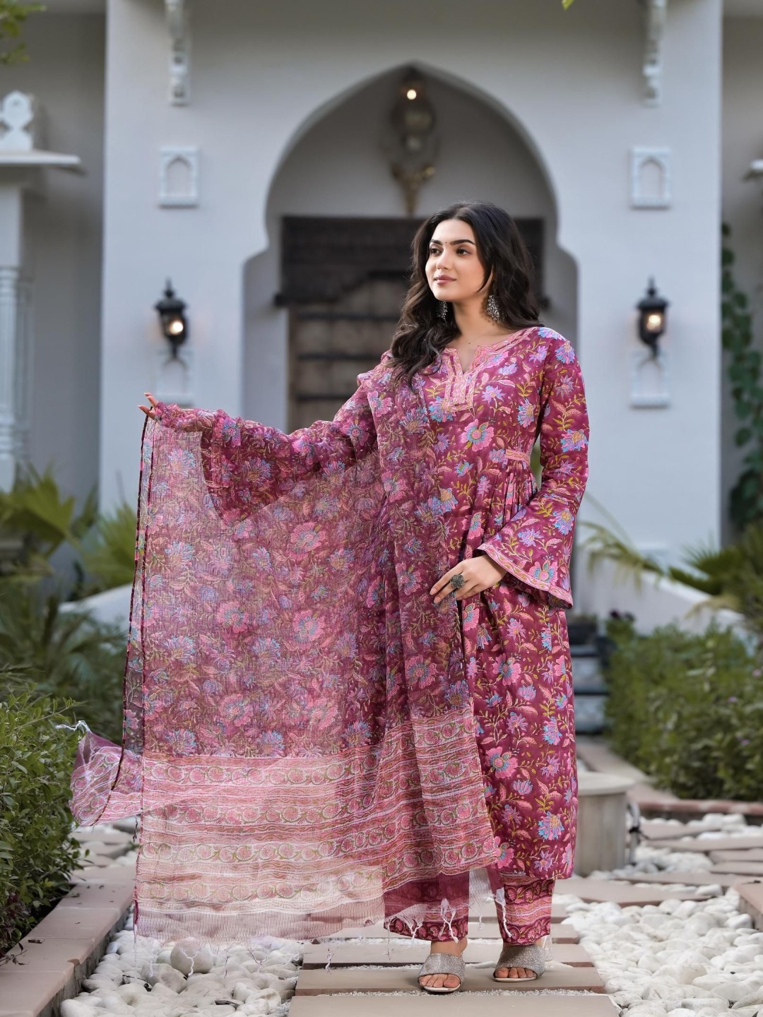 

KALINI Floral Printed Notch Neck Pure Cotton A-Line Kurta With Palazzo And Dupatta, Purple