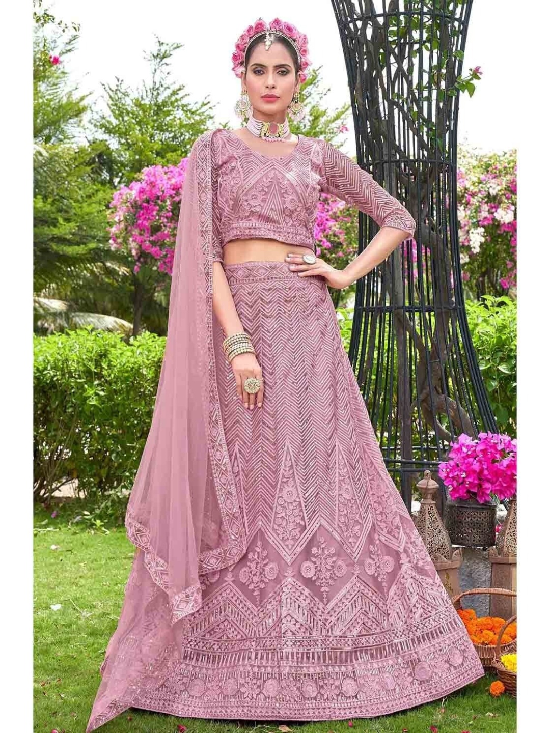 

Cute fellow Embroidered Sequinned Semi-Stitched Lehenga & Unstitched Blouse With Dupatta, Pink