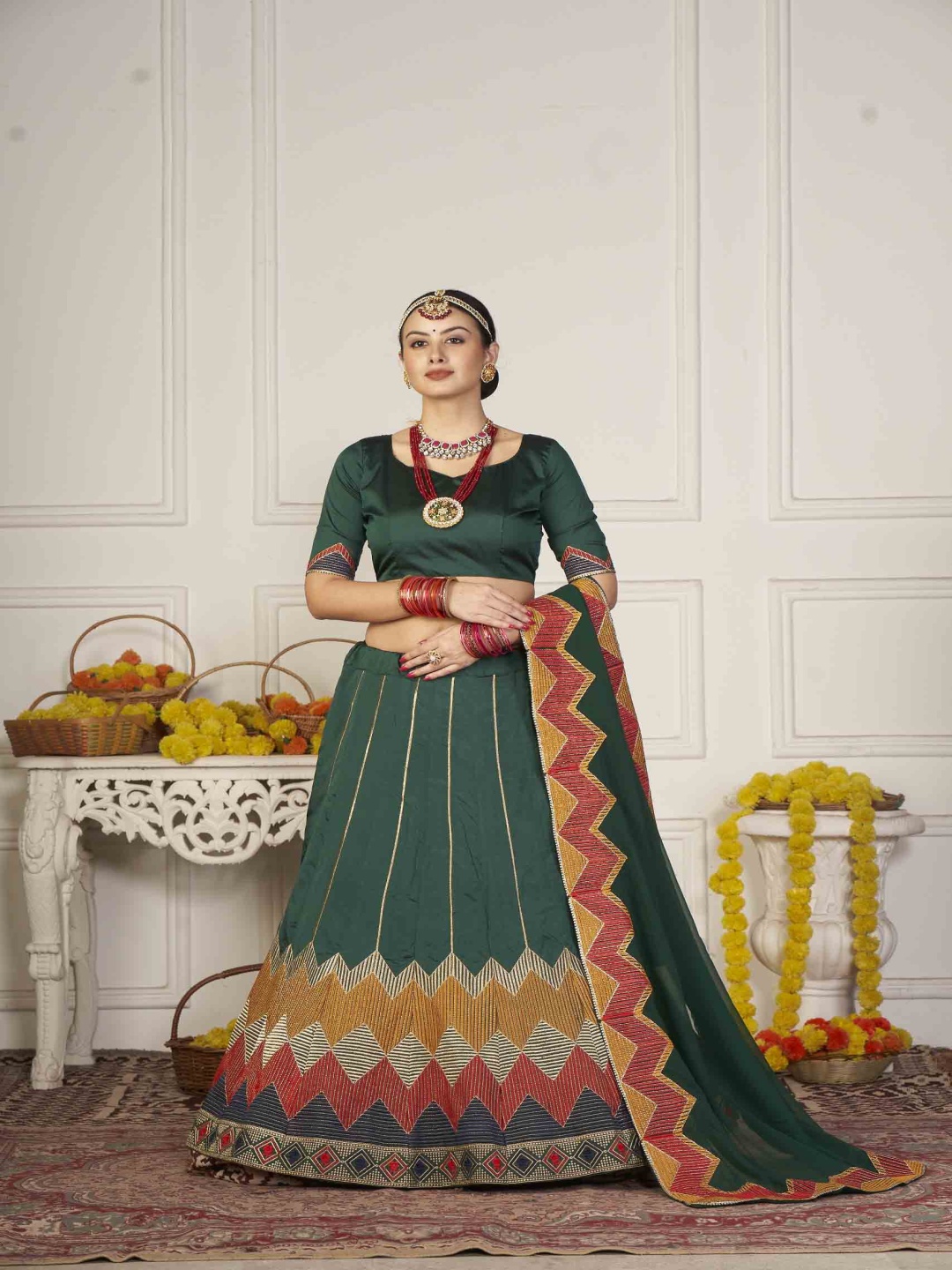 

Warthy Ent Embroidered Thread Work Semi-Stitched Lehenga & Unstitched Blouse With Dupatta, Green