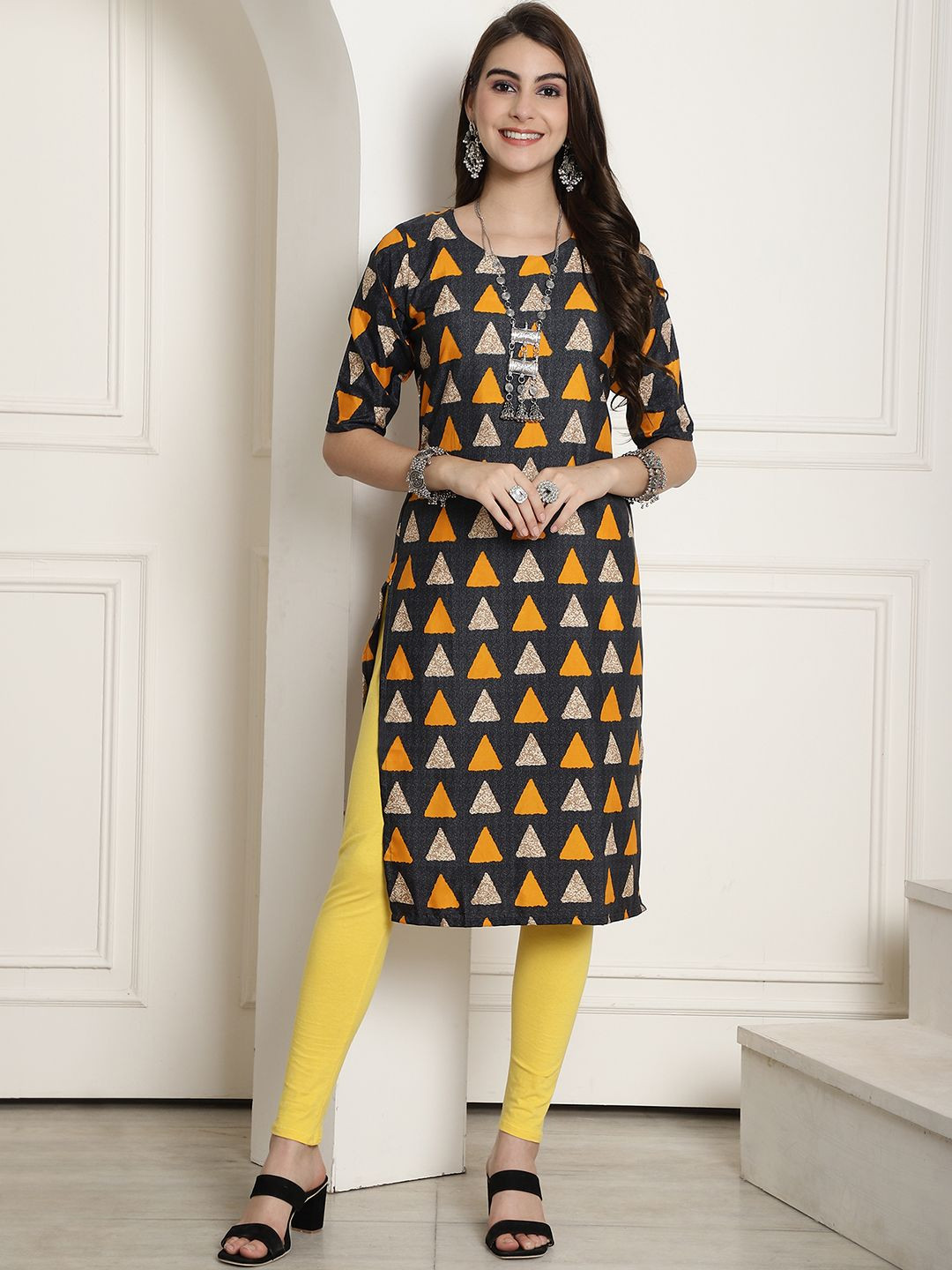 

7Threads Selection 0f 6 Geometric Printed Round Neck Straight Crepe Kurta, Mustard