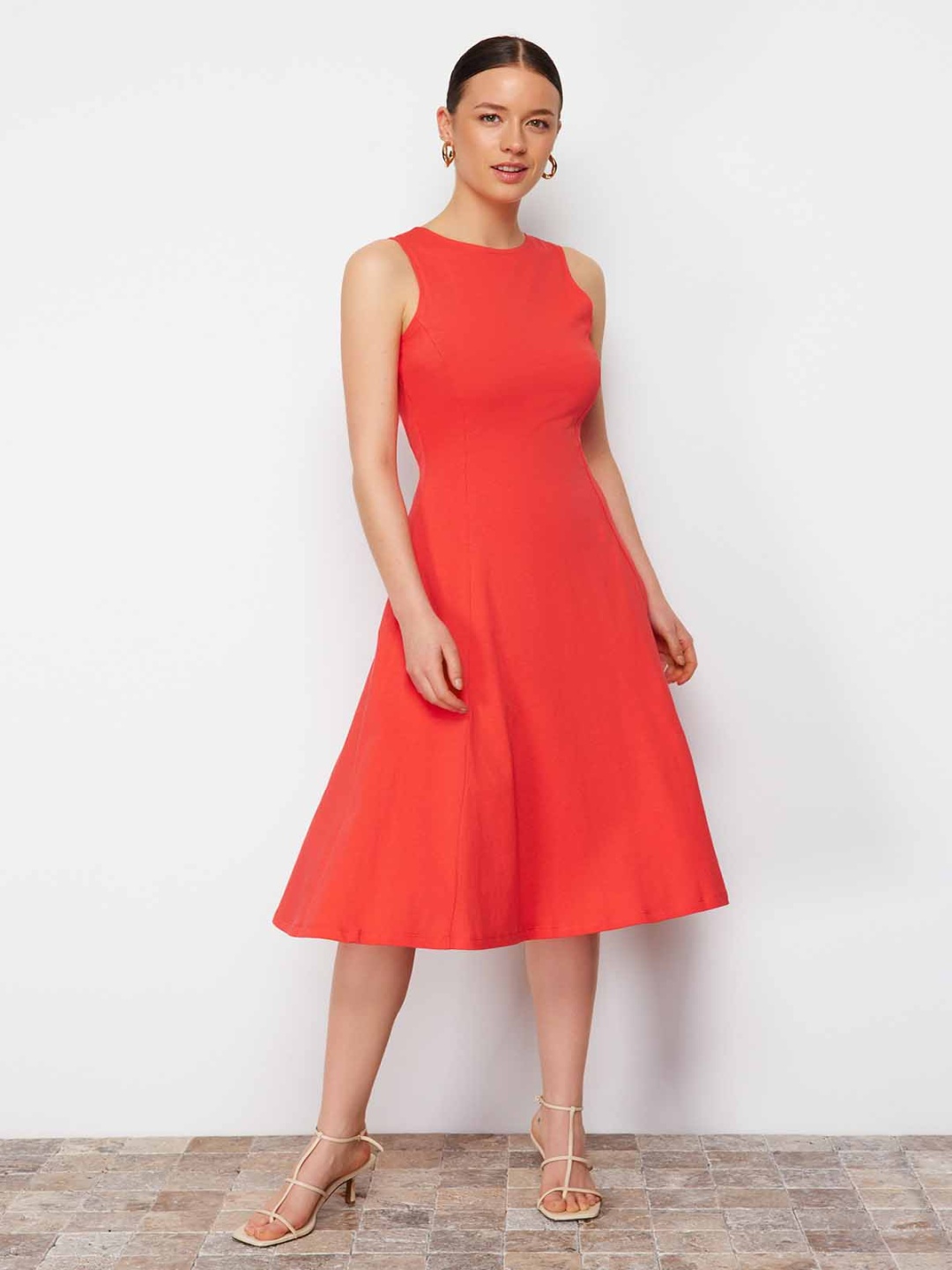 

Trendyol Cotton Fit & Flare Midi Dress, Red