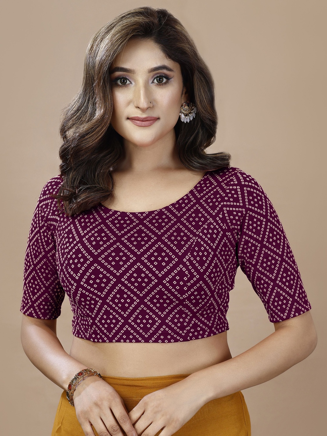 

Oomph! Printed Round Neck Saree Blouse, Purple