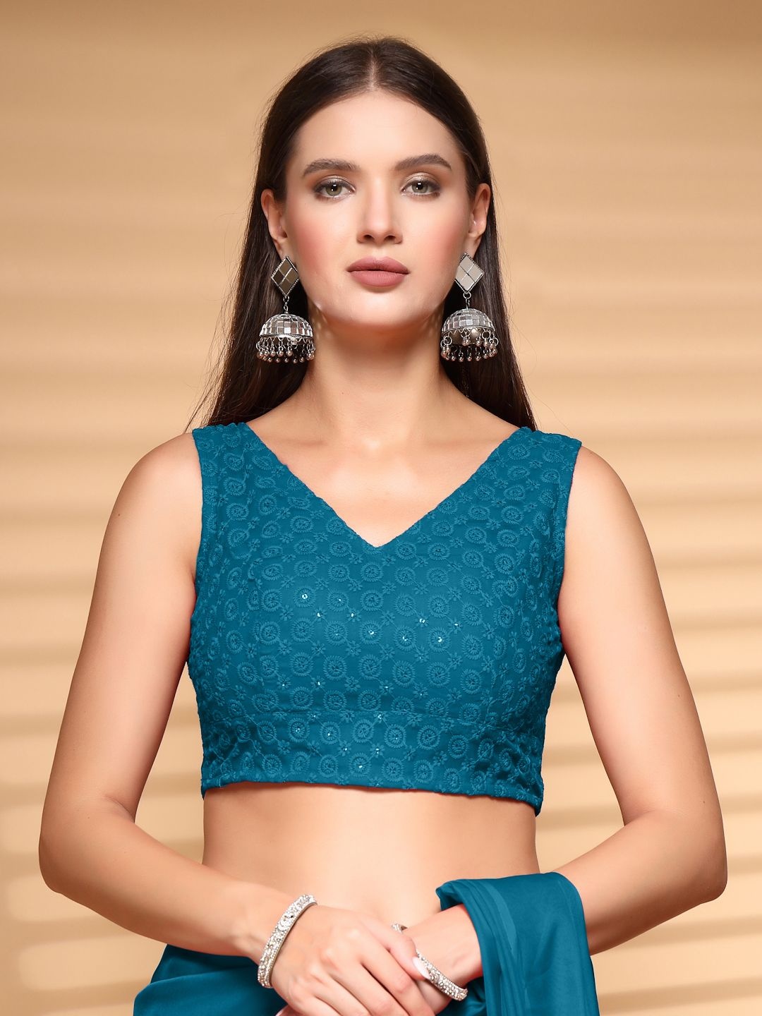 

Oomph! Non Padded Sequinned V Neck Saree Blouse, Blue