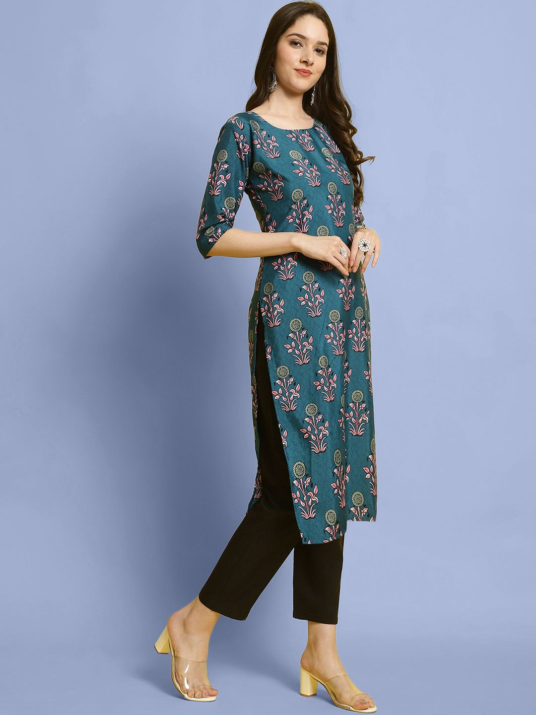 

7Threads Floral Printed Round Neck Straight Kurta with Trousers, Teal