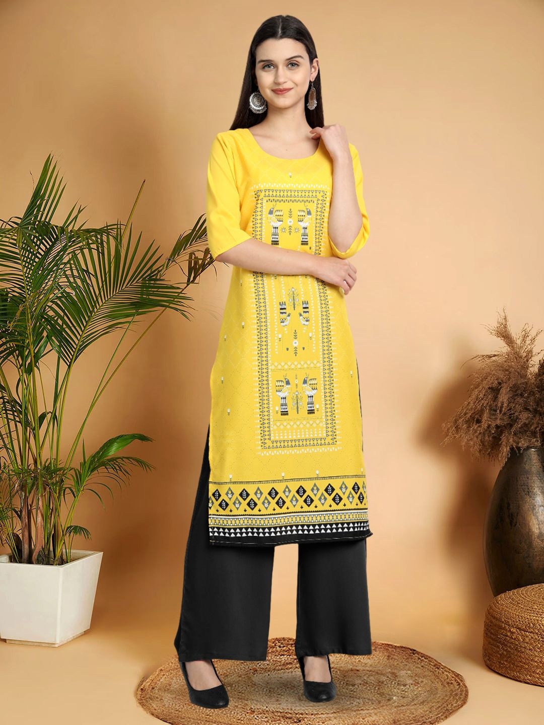 

7Threads Ethnic Motifs Printed Straight Kurta, Yellow