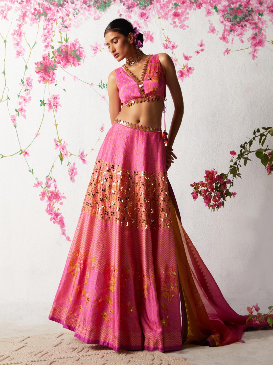 

Basil leaf Floral Printed Made to Measure Lehenga & Blouse With Dupatta, Pink