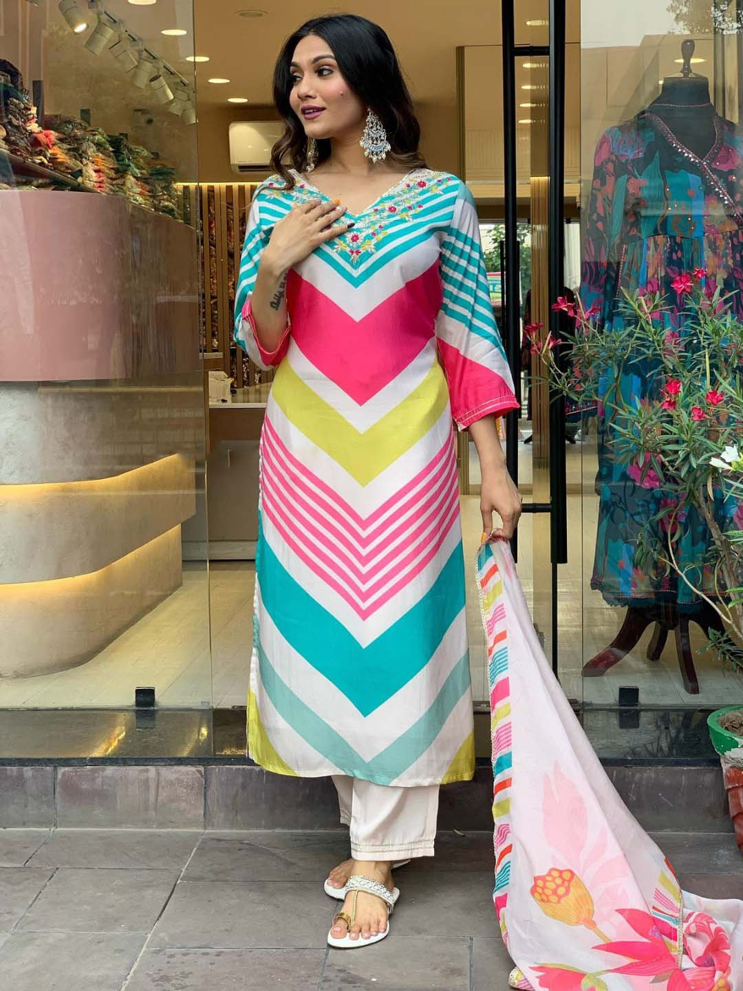 

KALINI Geometric Printed V-Neck Thread Work Straight Kurta with Trousers & Dupatta, White