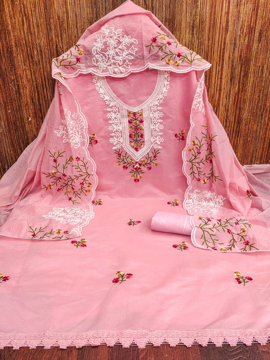 

LeeliPeeri Designer Floral Embroidered Unstitched Dress Material, Pink