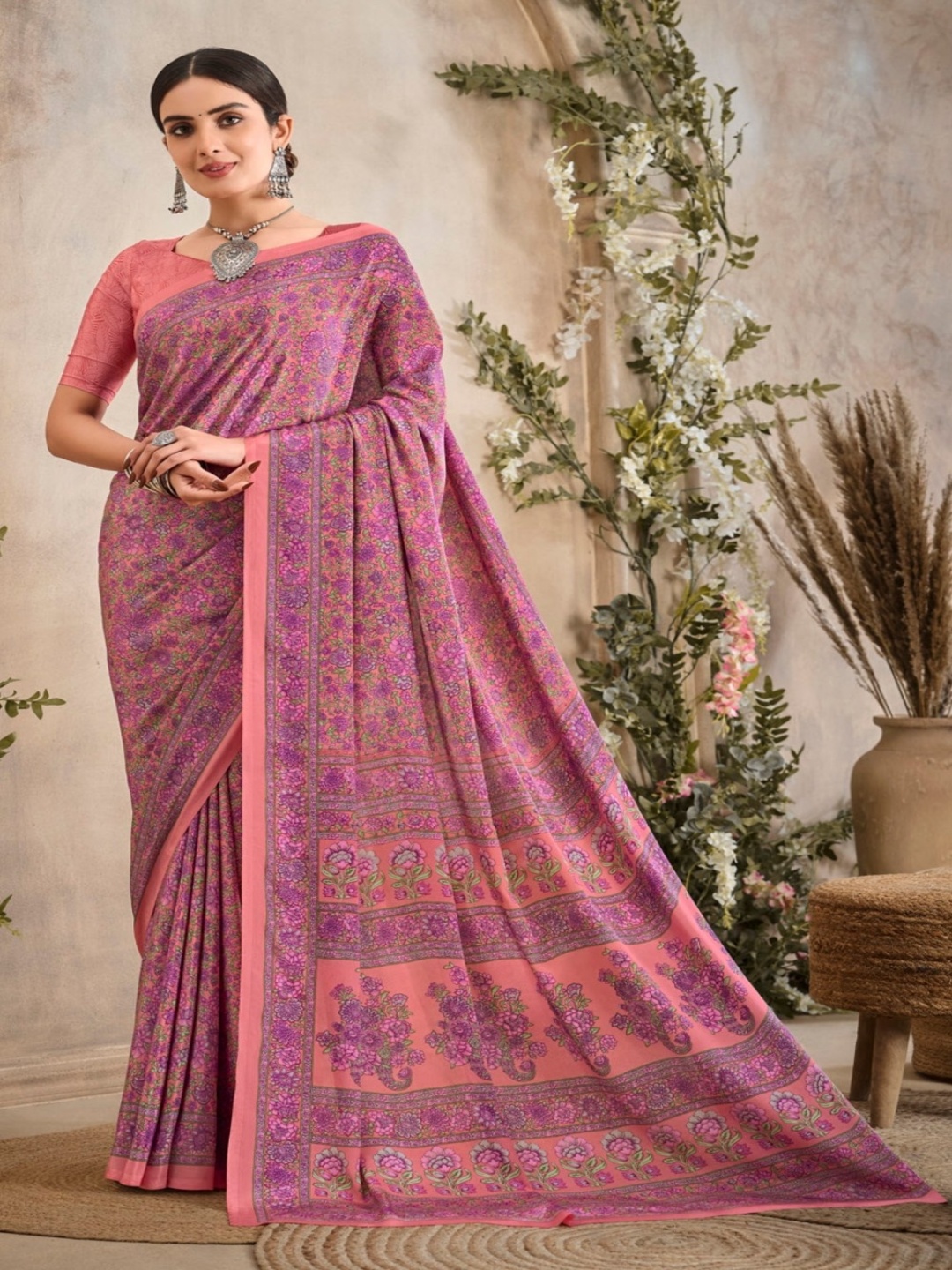 

Reboot Fashions Floral Pure Crepe Saree with Unstitched Blouse Piece, Peach