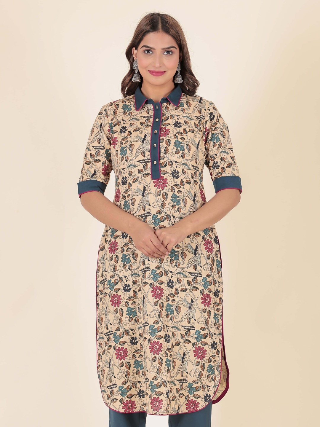 

Aramya Floral Printed Shirt Collar Linen Cotton Pathani Kurta, Beige