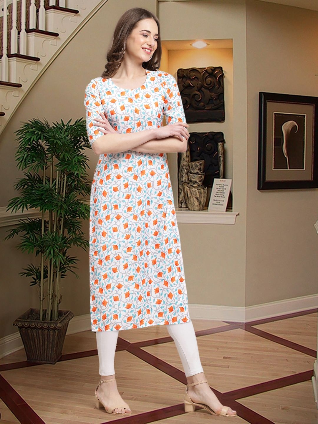 

7Threads Floral Printed Straight Kurta, White