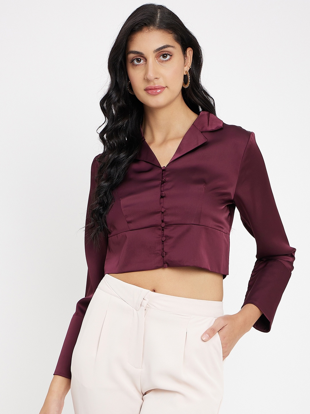 

Madame Women Shirt Collar Shirt Style Crop Top, Maroon