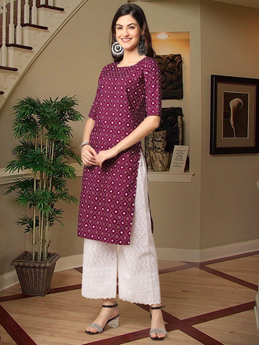 

7Threads Ethnic Motifs Printed Straight Kurta, Purple