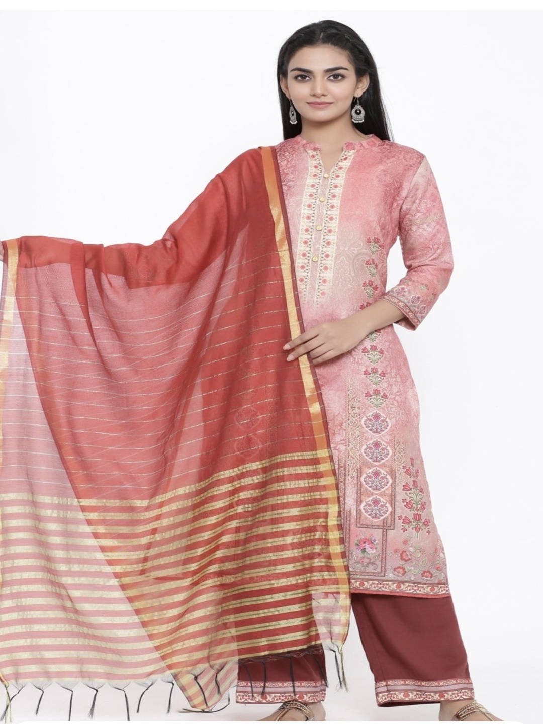 

Anouk Floral Printed Regular Pure Silk Straight Kurta with Palazzos & Dupatta, Pink