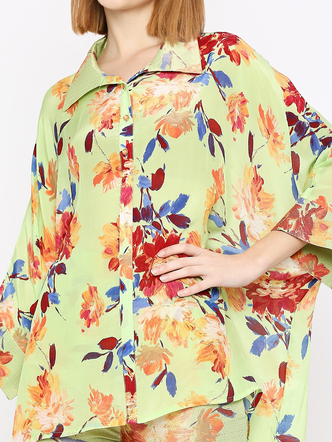 

Cloth Haus India Floral Printed Cuffed Sleeves Longline Shirt Style Top, Green