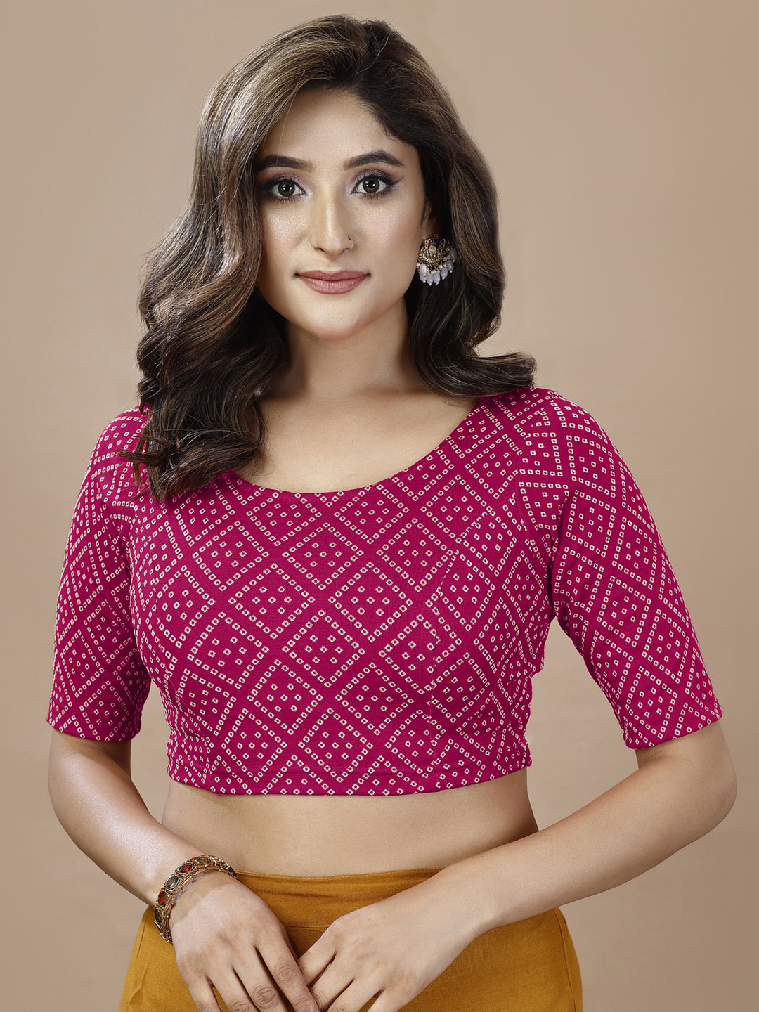 

Oomph! Printed Non Padded Round Neck Saree Blouse, Pink