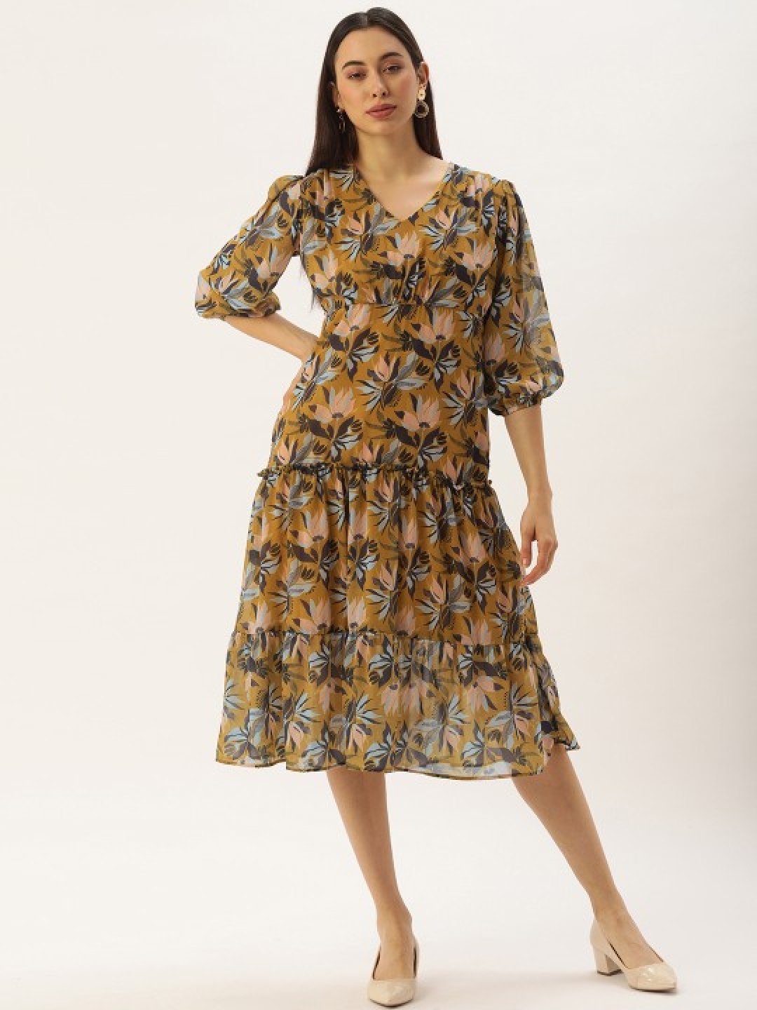 

MELOSO Floral Print Puff Sleeve Georgette Fit & Flare Maxi Dress, Mustard