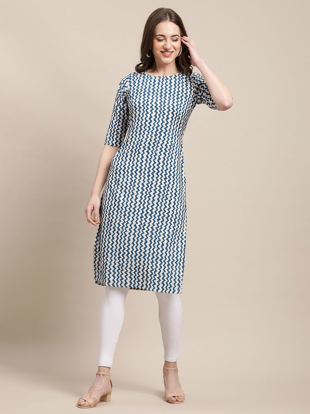 

7Threads Selection 0f 4 Ethnic Motifs Printed Round Neck Straight Crepe Kurta, Blue