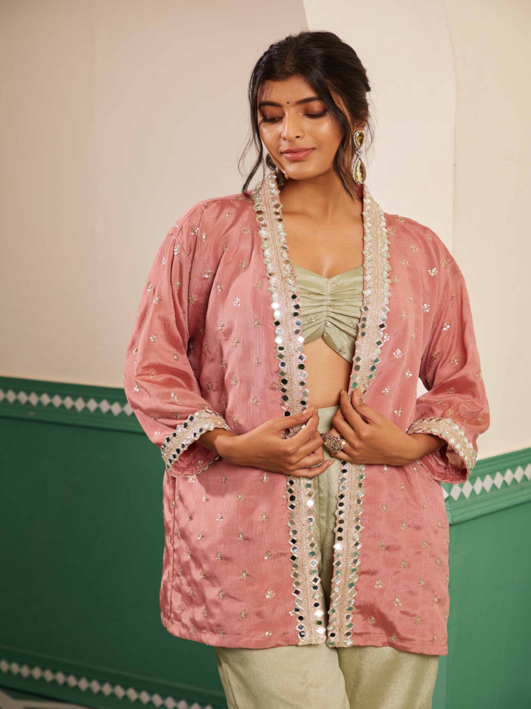 

Alaya By Stage3 Sajda Top With Trousers & Embellished Jacket, Khaki