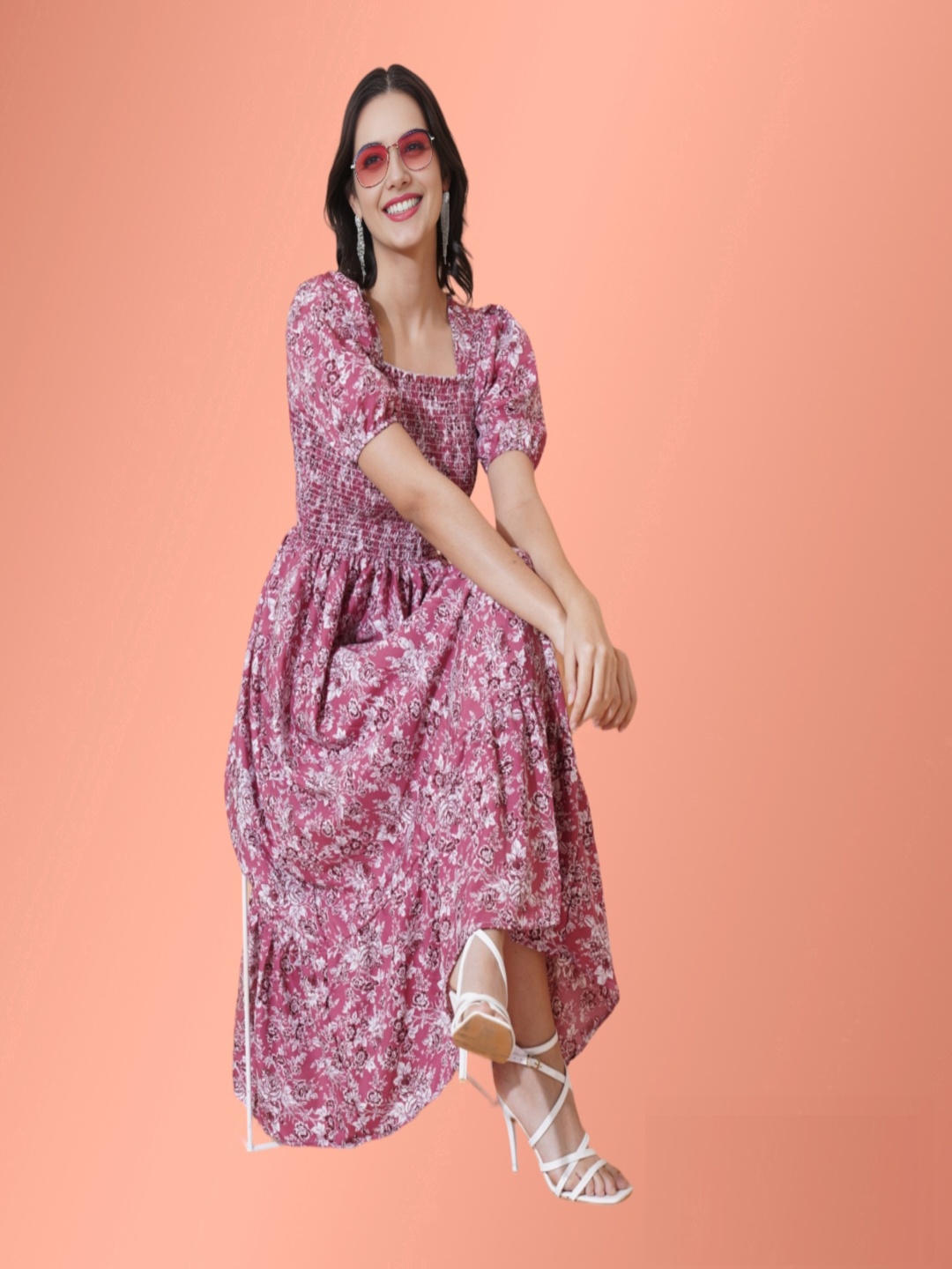 

Krunal Raiyani Women Floral Printed Applique Fit & Flare Maxi Dress, Pink