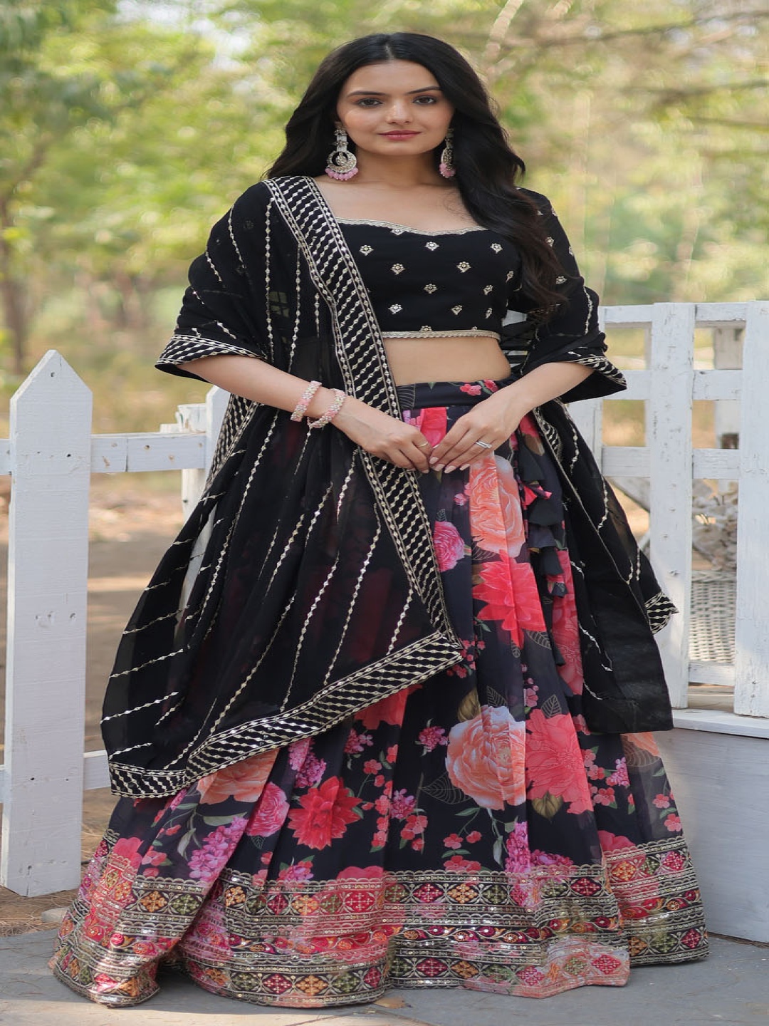 

Anara Embroidered Ready to Wear Lehenga & Unstitched Blouse With Dupatta, Black