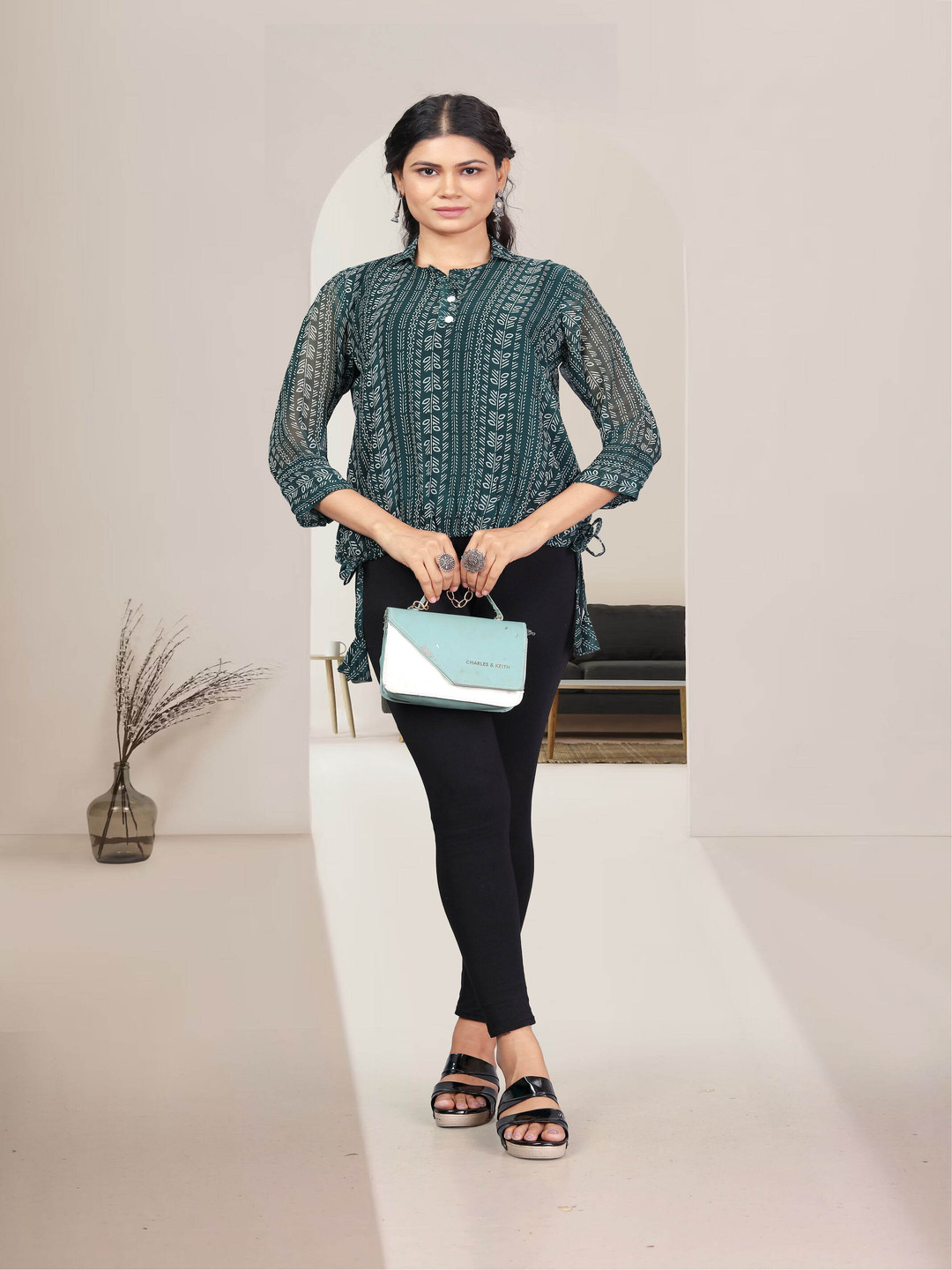 

VAAZI CREATOR Abstract Printed Georgette Top, Green
