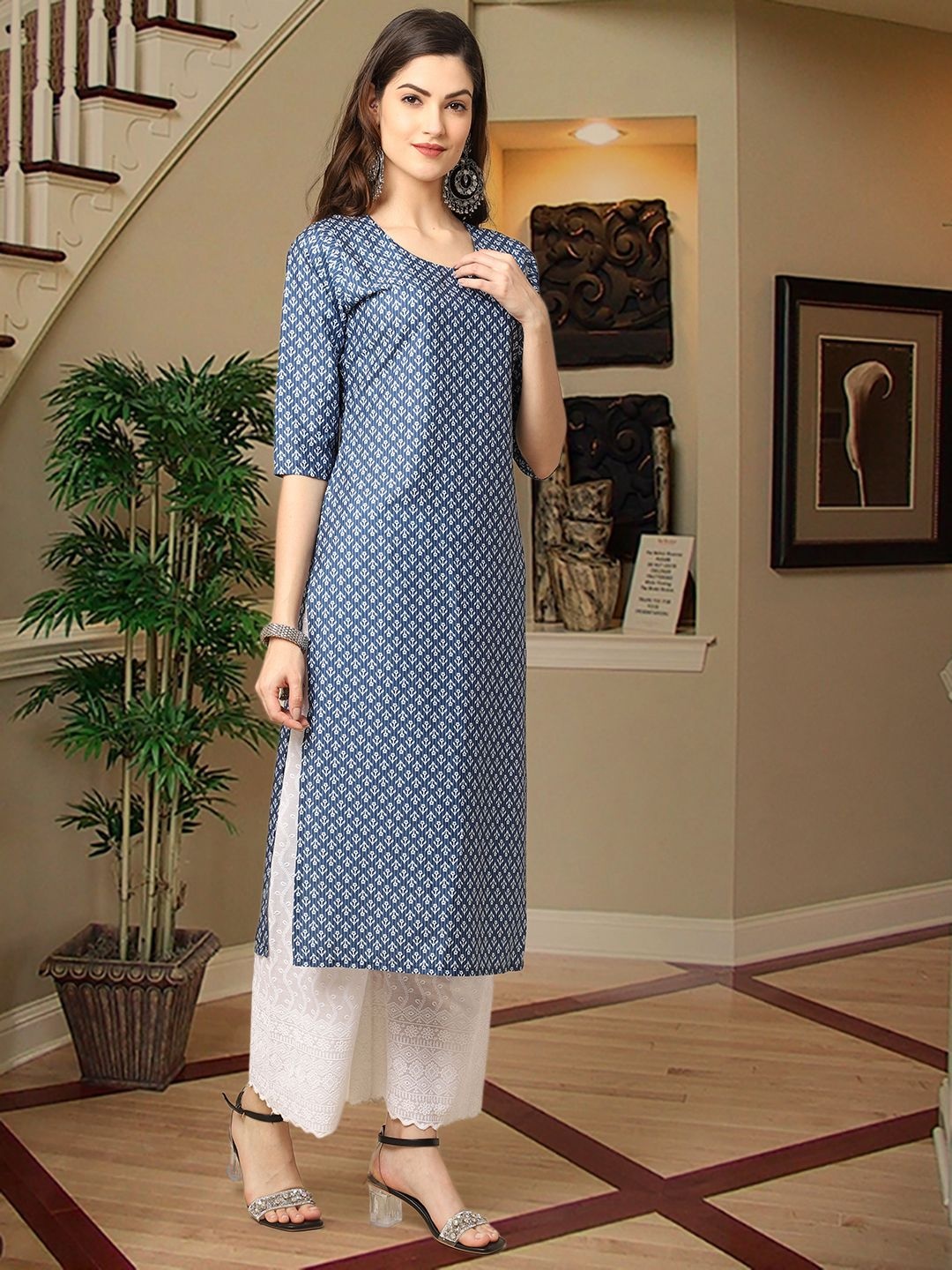 

7Threads Floral Printed Straight Kurta, Blue
