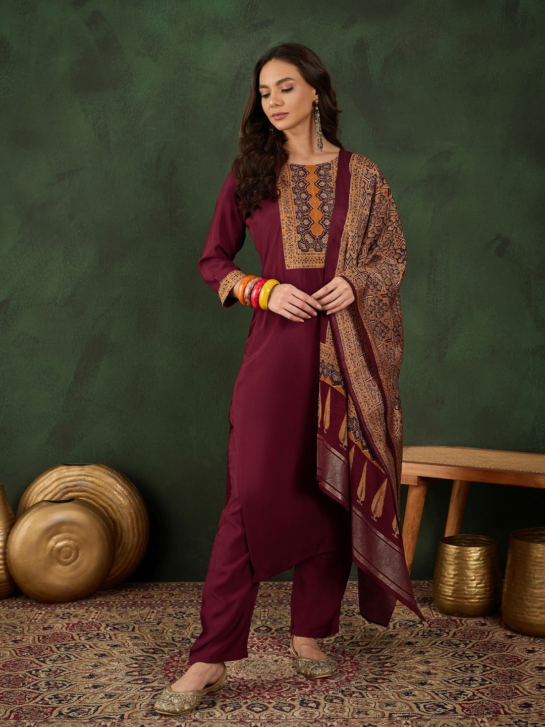 

Sangria Ethnic Motifs Printed Yoke Design Kurta With Trousers And Dupatta, Burgundy