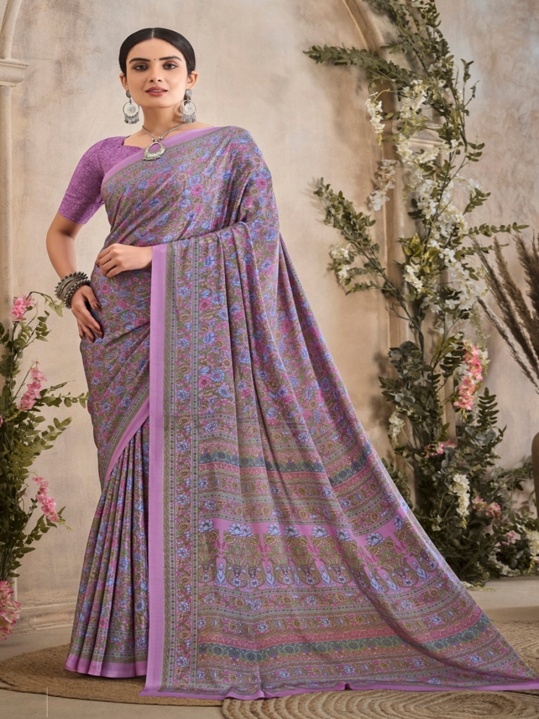 

Reboot Fashions Floral Pure Crepe Saree, Lavender