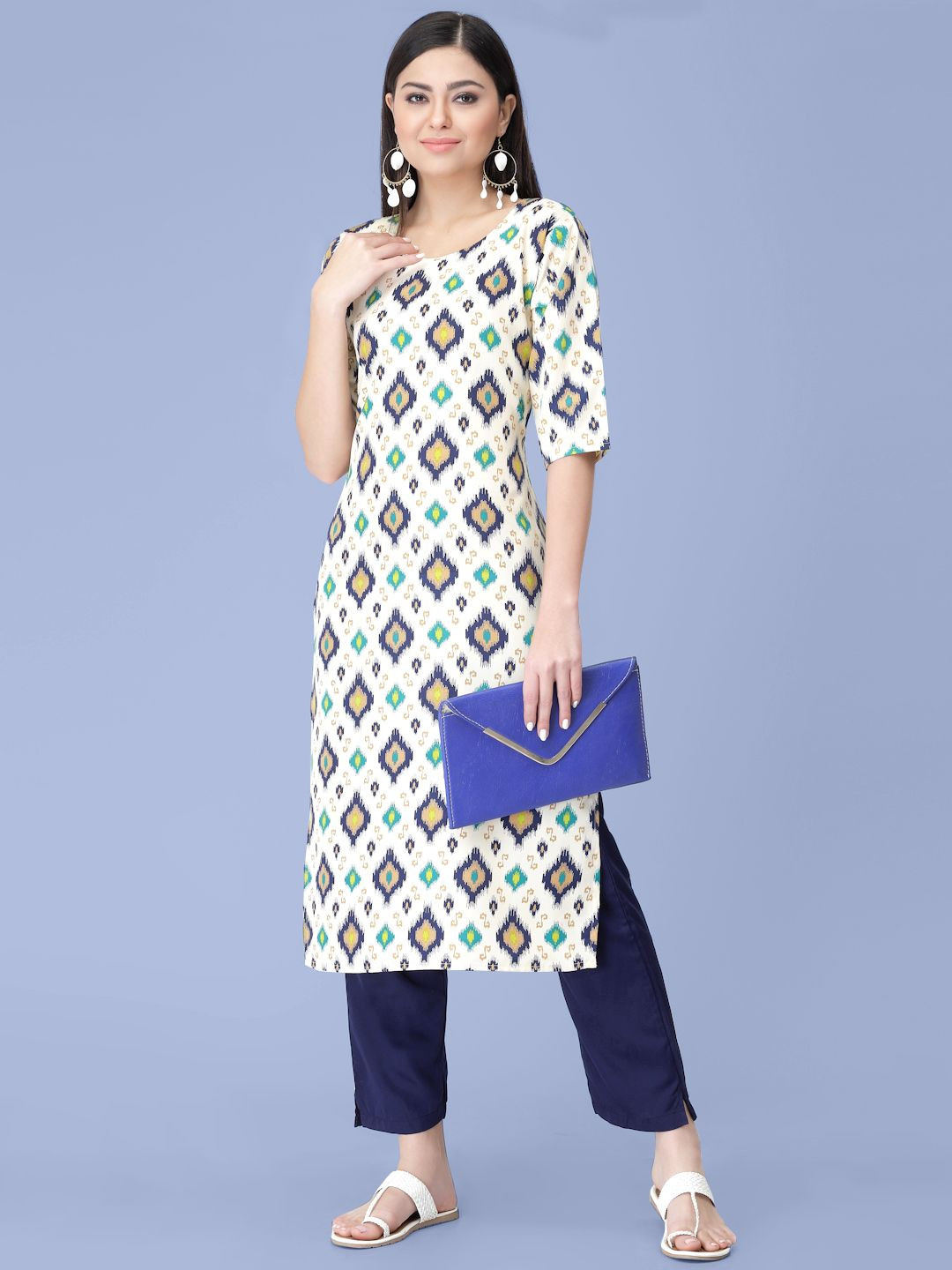 

7Threads Geometric Printed Straight Round-Neck Kurta With Trouser, White