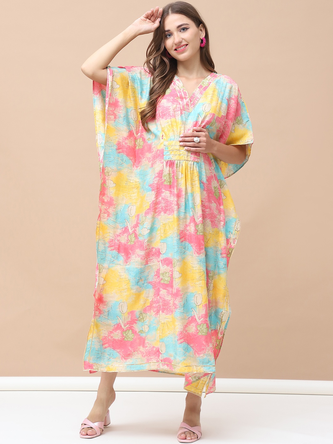 

Secret Wish Printed Chanderi Silk Maternity Kaftan Midi Dress, Blue