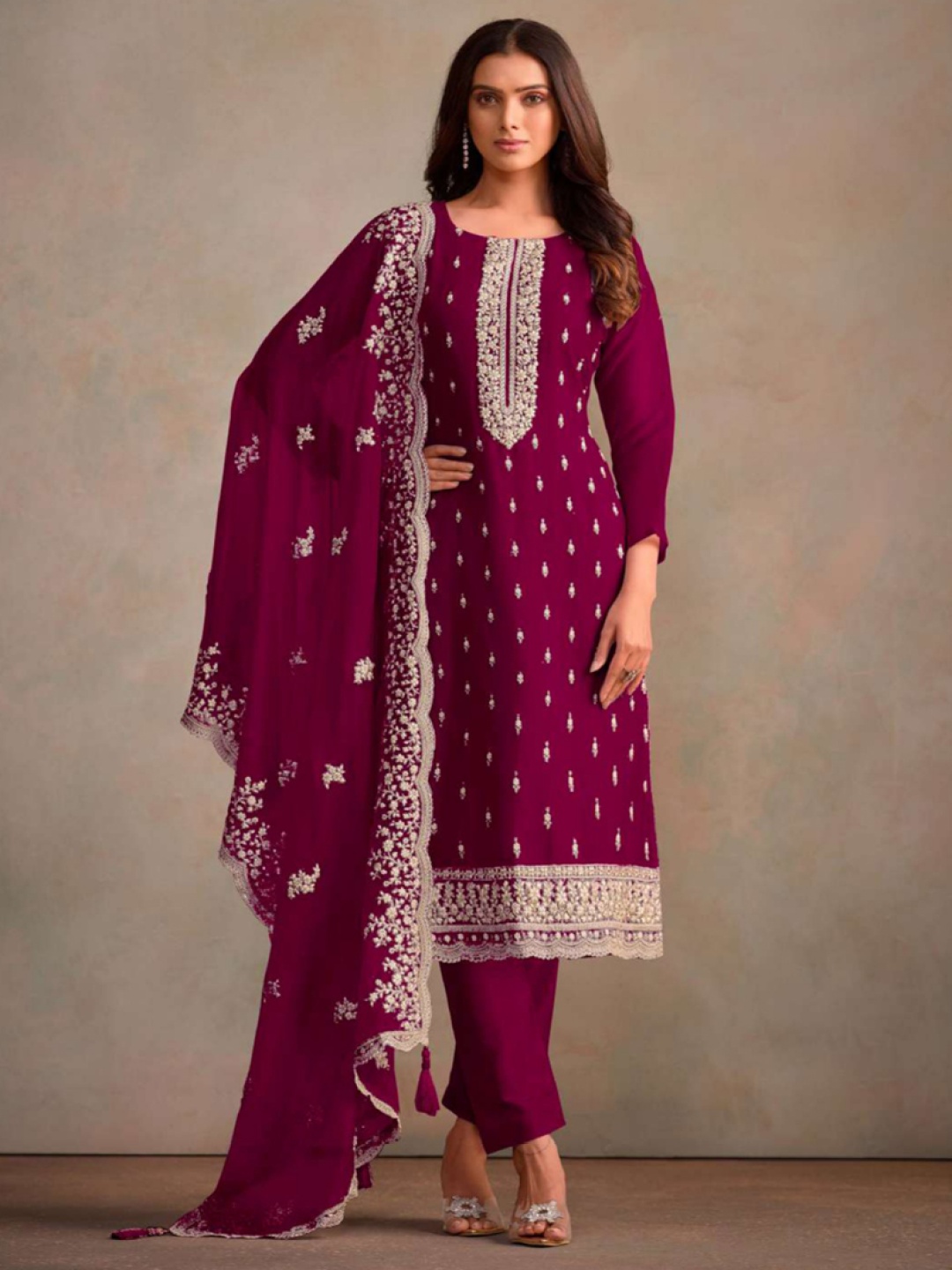 

ASISA Floral Embroidered Thread Work Organza Straight Kurta With Trousers & Dupatta, Burgundy
