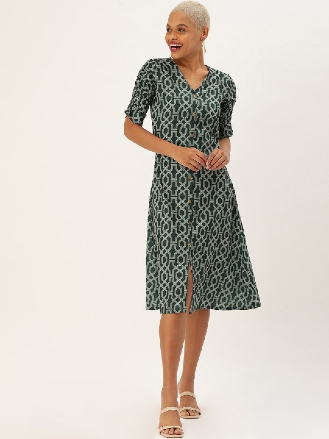 

MELOSO Print Puff Sleeve A-Line Maxi Dress, Green