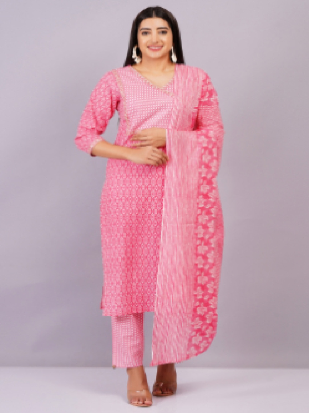 

JC4U Women Ethnic Motifs Printed Pure Cotton Kurta with Trousers & Dupatta, Pink