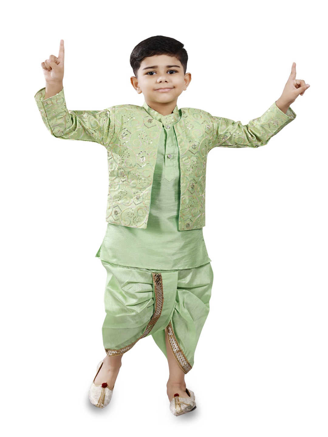 

BAESD Boys Mandarin Collar Kurta With Dhoti Pants & Jacket, Green