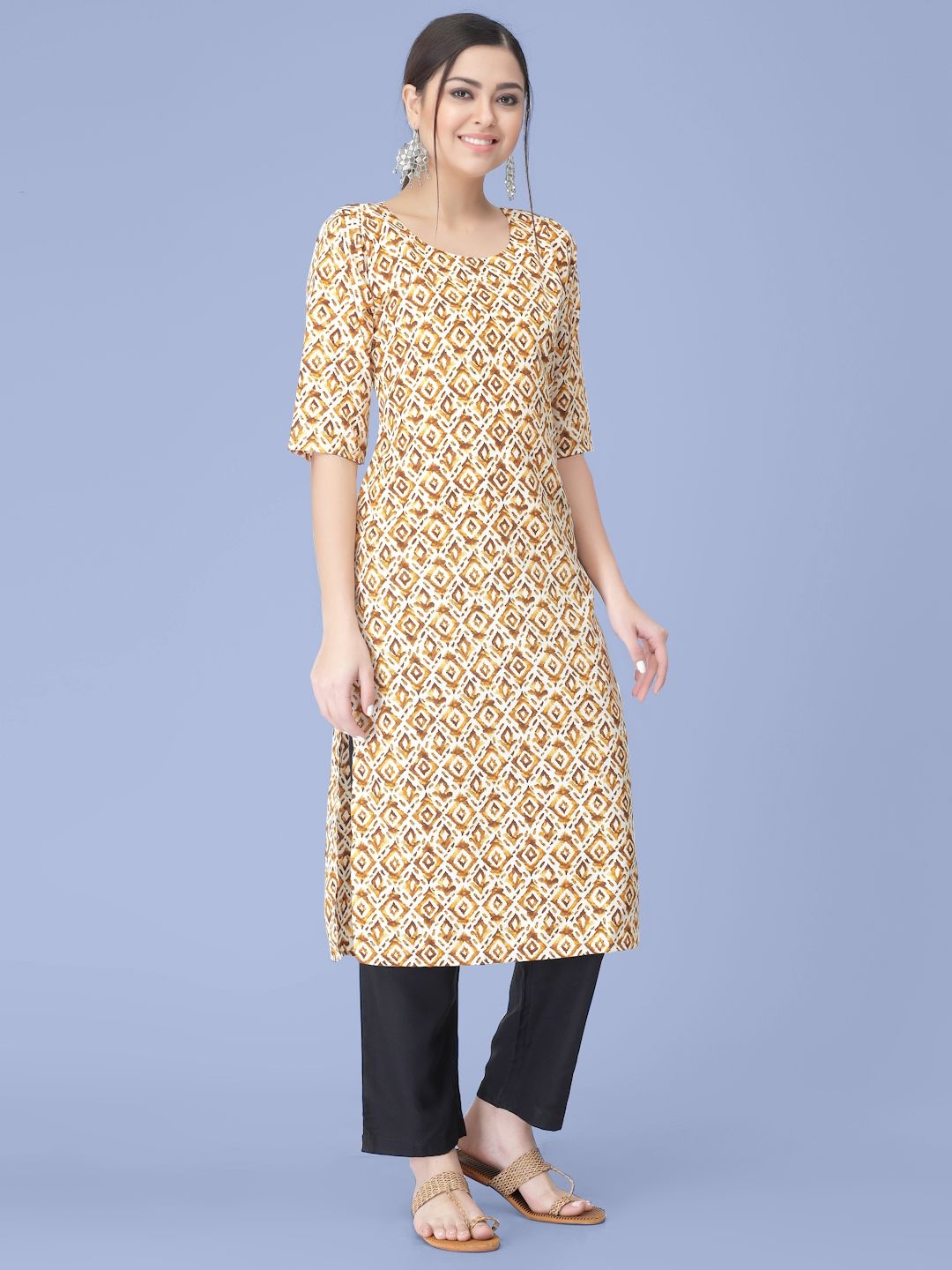 

7Threads Ethnic Motifs Printed Round Neck Straight Kurta with Trousers, Beige