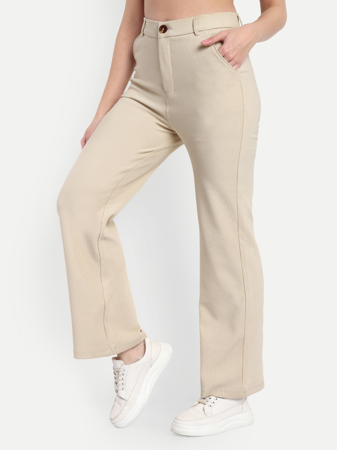 

BROADSTAR Women Straight Fit High-Rise Corduroy Trousers, Beige