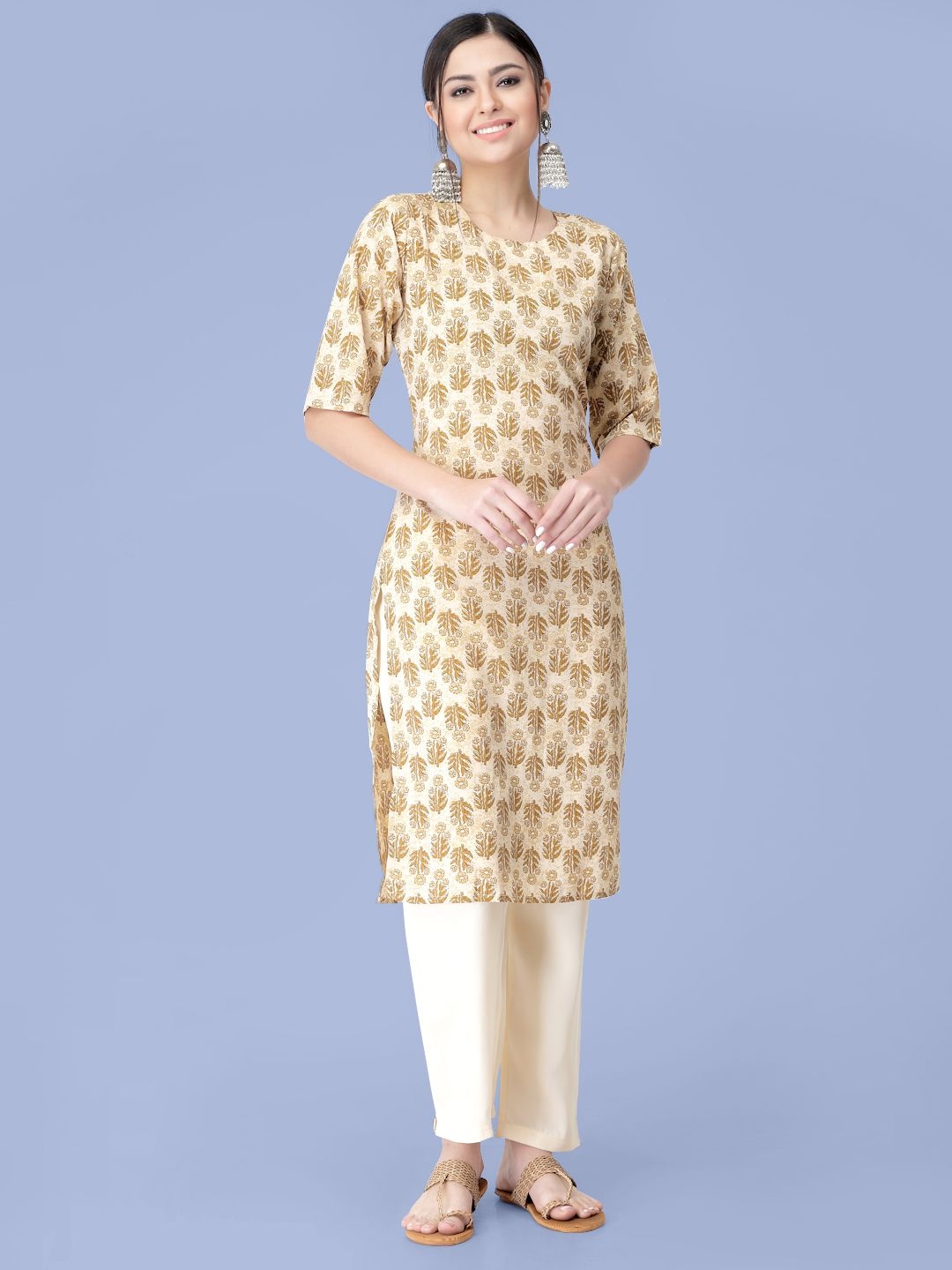 

7Threads Ethnic Motifs Printed Notch Neck Straight Kurta with Trouser, Beige