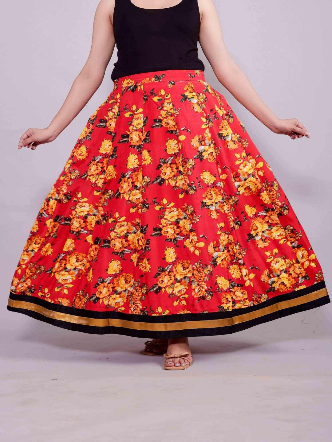 

VASVI Floral Printed Flared Maxi Skirt, Red