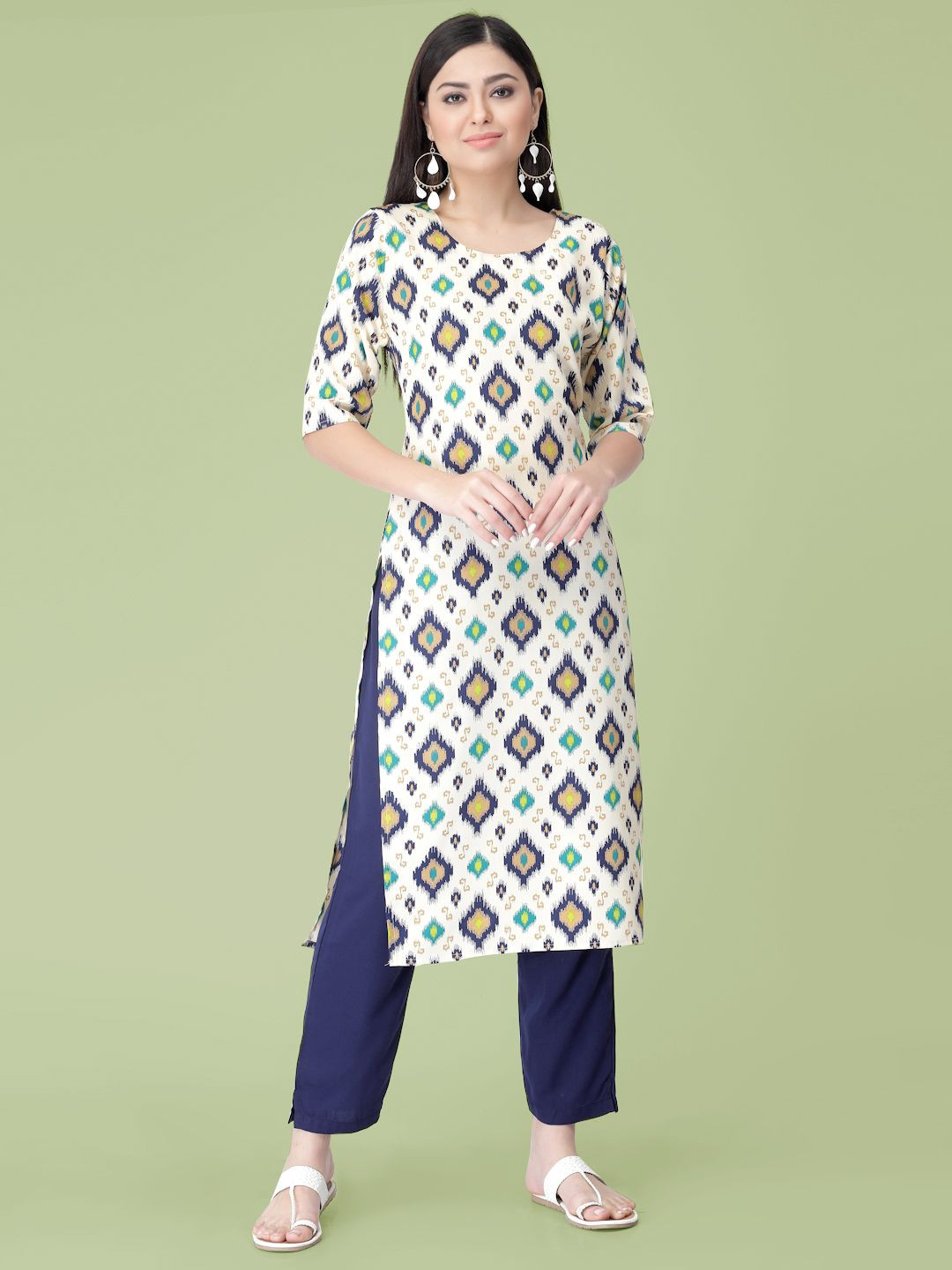

7Threads Geometric Printed Straight Round-Neck Kurta With Trouser, White