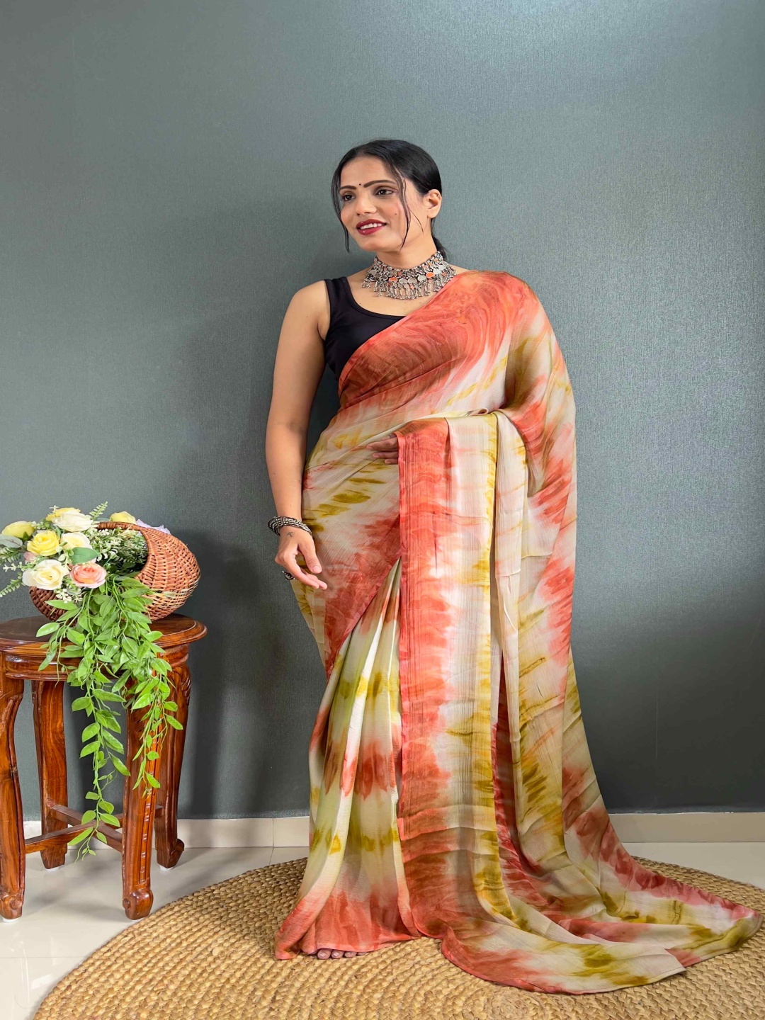 

HERE&NOW Poly Georgette Saree, Rust