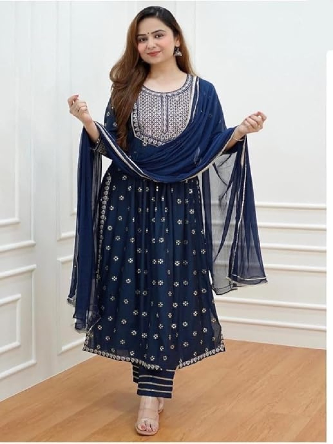 

KALINI Floral Printed Mirror Work A-Line Kurta With Trousers & Dupatta, Blue